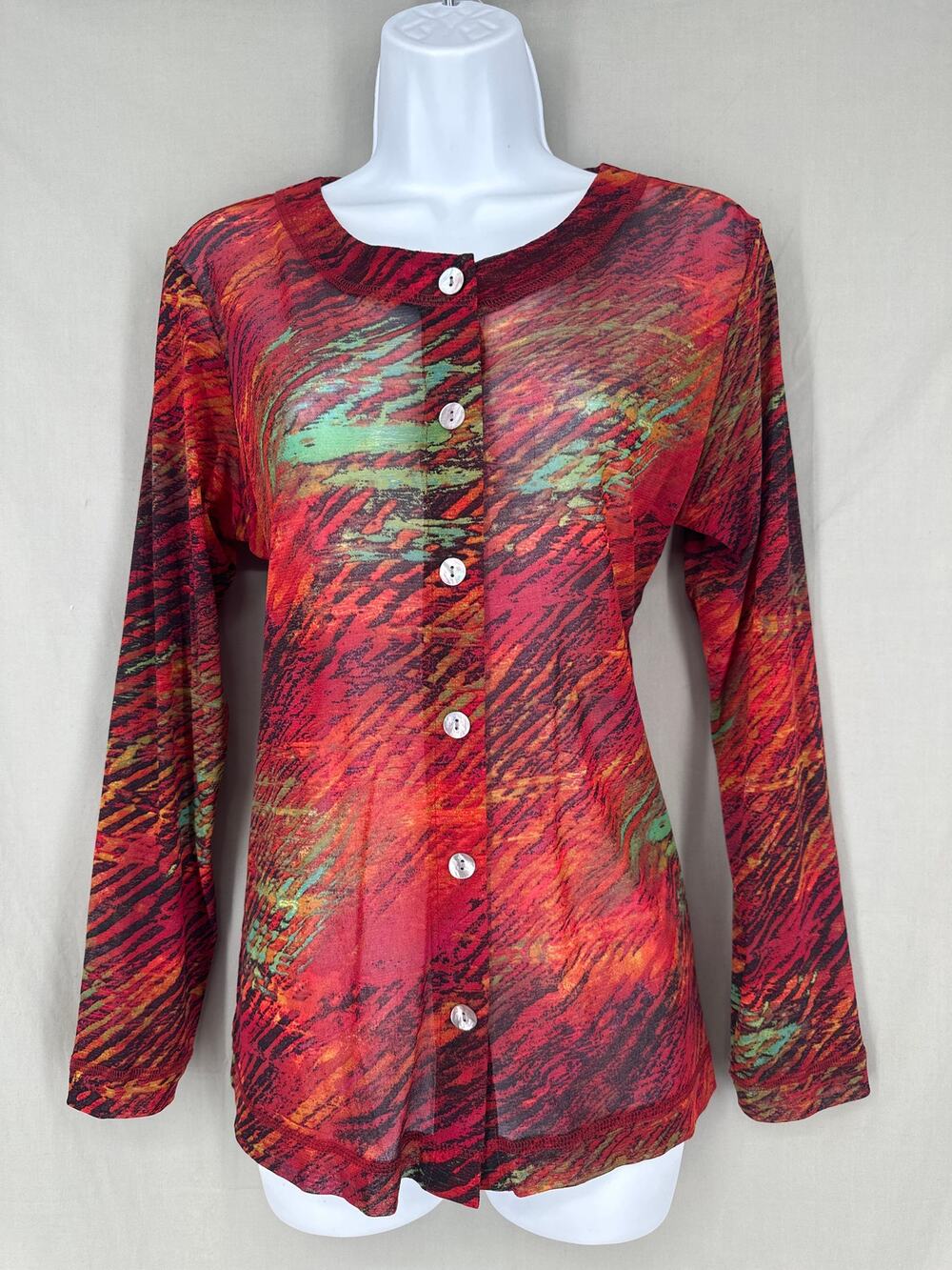 Y2K Vintage Cardigan Womens Medium Red Mesh Stretch Arsty Colorful Sheer 90s